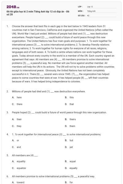 Đề thi giữa học kì 2 môn Tiếng Anh lớp 12 có đáp án - Đề số 28