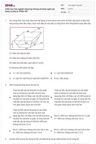 2350 câu Trắc nghiệm tổng hợp Chứng chỉ hành nghề xây dựng có đáp án (Phần 44)