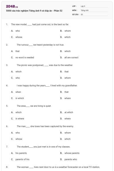 5000 câu trắc nghiệm Tiếng Anh 9 có đáp án - Phần 52