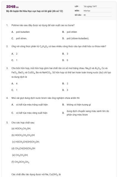 Bộ đề luyện thi Hóa Học cực hay có lời giải (đề số 12)