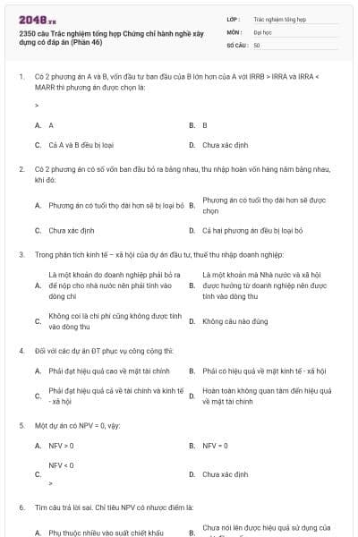 2350 câu Trắc nghiệm tổng hợp Chứng chỉ hành nghề xây dựng có đáp án (Phần 46)