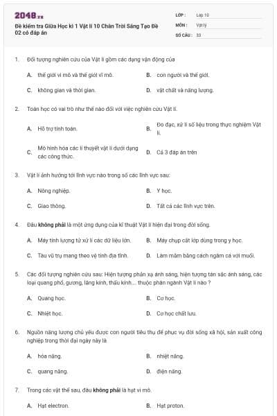 Đề kiểm tra Giữa Học kì 1 Vật lí 10 Chân Trời Sáng Tạo Đề 02 có đáp án