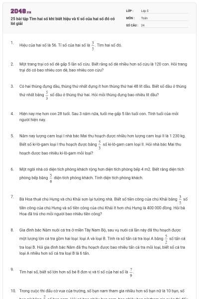 25 bài tập Tìm hai số khi biết hiệu và tỉ số của hai số đó có lời giải