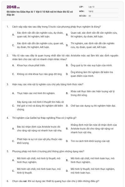 Đề kiểm tra Giữa Học kì 1 Vật lí 10 Kết nối tri thức Đề 02 có đáp án