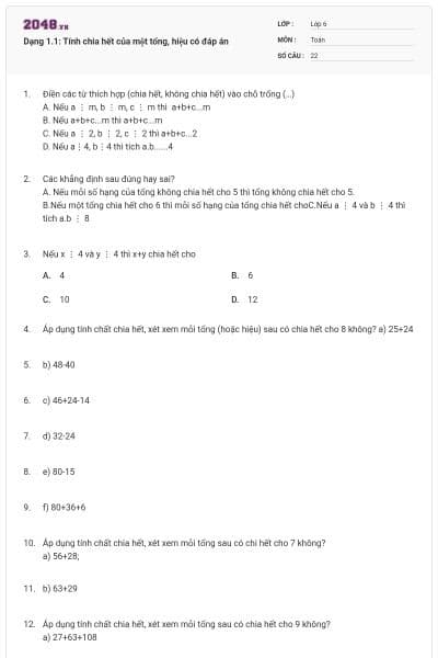 Dạng 1.1: Tính chia hết của một tổng, hiệu có đáp án