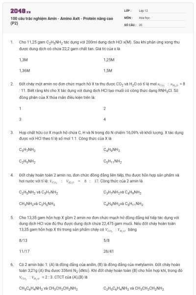 100 câu trắc nghiệm Amin - Amino Axit - Protein nâng cao (P2)