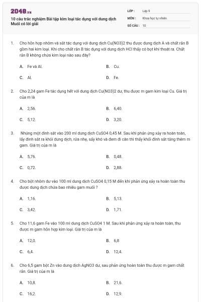 10 câu trắc nghiệm Bài tập kim loại tác dụng với dung dịch Muối có lời giải