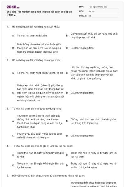 260 câu Trắc nghiệm tổng hợp Thủ tục hải quan có đáp án (Phần 2)