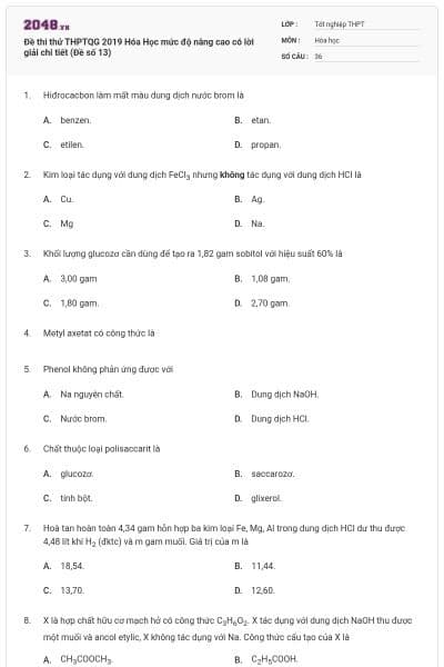 Đề thi thử THPTQG 2019 Hóa Học mức độ nâng cao có lời giải chi tiết (Đề số 13)