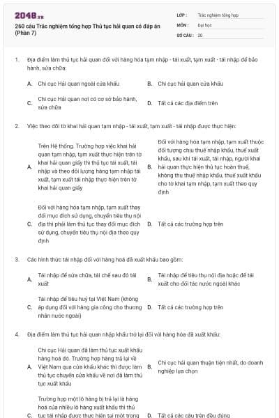 260 câu Trắc nghiệm tổng hợp Thủ tục hải quan có đáp án (Phần 7)