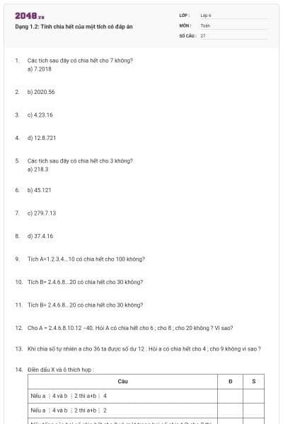 Dạng 1.2: Tính chia hết của một tích có đáp án