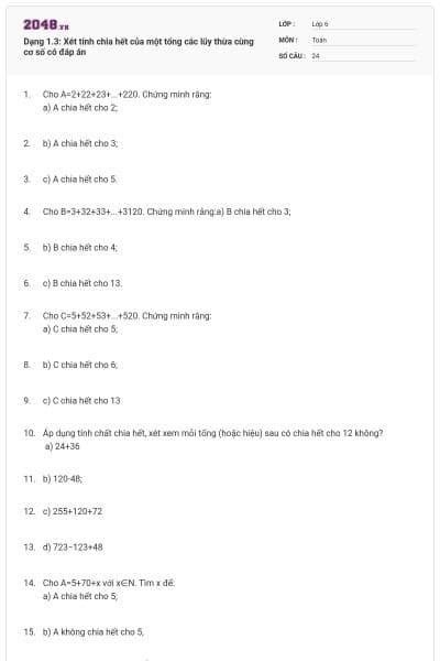 Dạng 1.3: Xét tính chia hết của một tổng các lũy thừa cùng cơ số có đáp án