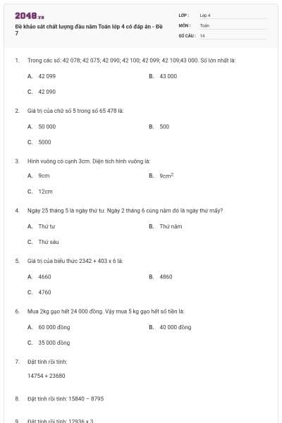 Đề khảo sát chất lượng đầu năm Toán lớp 4 có đáp án - Đề 7