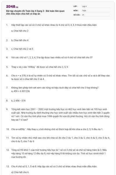 Bài tập chuyên đề Toán lớp 4 Dạng 3 : Bài toán liên quan đến điều kiện chia hết có đáp án