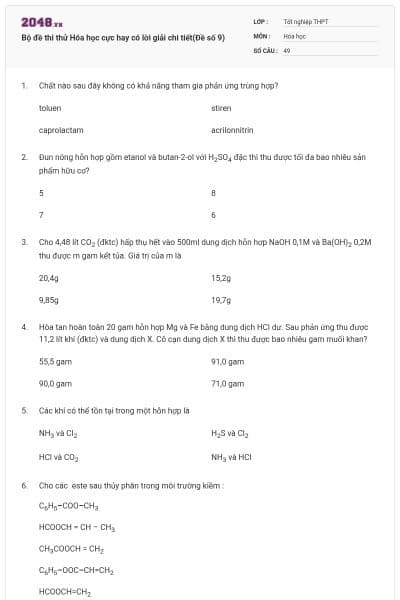 Bộ đề thi thử Hóa học cực hay có lời giải chi tiết(Đề số 9)