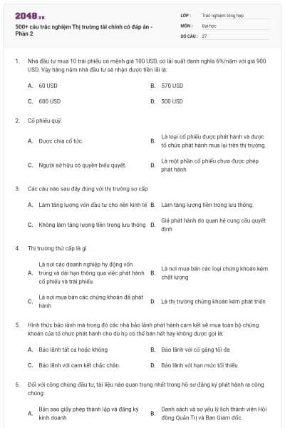 500+ câu trắc nghiệm Thị trường tài chính có đáp án - Phần 2