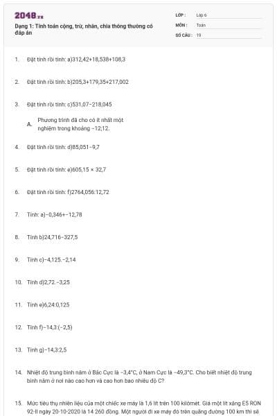 Dạng 1: Tính toán cộng, trừ, nhân, chia thông thường có đáp án