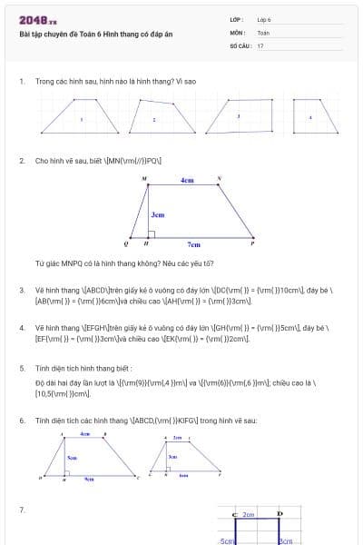 Bài tập chuyên đề Toán 6 Hình thang có đáp án