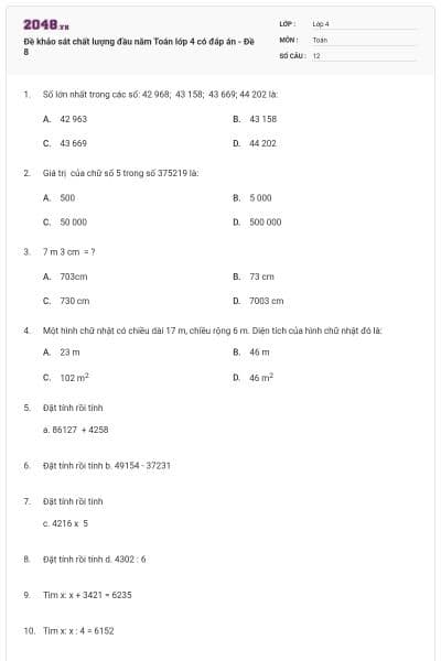 Đề khảo sát chất lượng đầu năm Toán lớp 4 có đáp án - Đề 8