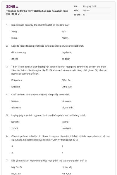 Tổng hợp đề thi thử THPTQG Hóa học mức độ cơ bản nâng cao (đề số 21)