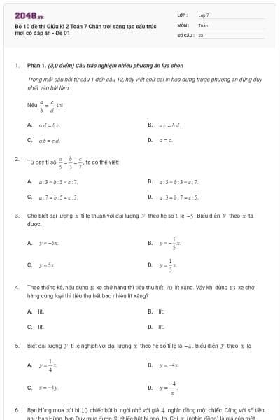 Bộ 10 đề thi Giữa kì 2 Toán 7 Chân trời sáng tạo cấu trúc mới có đáp án - Đề 01