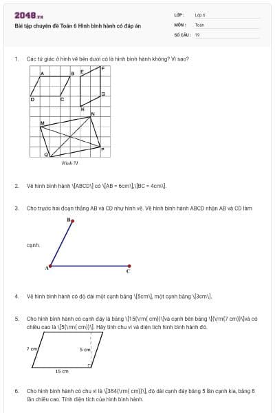 Bài tập chuyên đề Toán 6 Hình bình hành có đáp án
