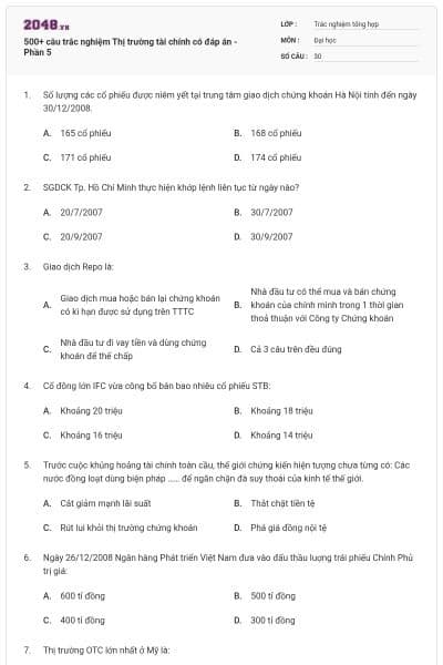 500+ câu trắc nghiệm Thị trường tài chính có đáp án - Phần 5