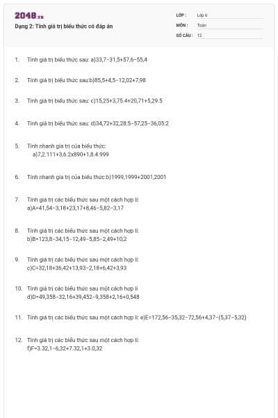 Dạng 2: Tính giá trị biểu thức có đáp án