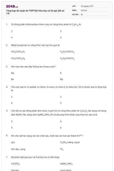 Tổng hợp đề luyện thi THPTQG Hóa Học có lời giả (Đề số 14)
