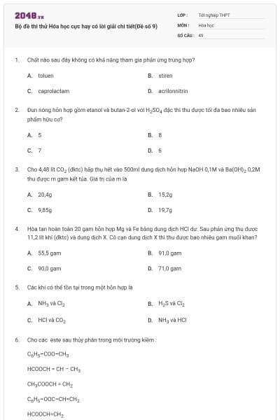 Bộ đề thi thử Hóa học cực hay có lời giải chi tiết(Đề số 9)