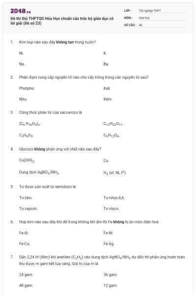 Đề thi thử THPTQG Hóa Học chuẩn cấu trúc bộ giáo dục có lời giải (Đề số 23)