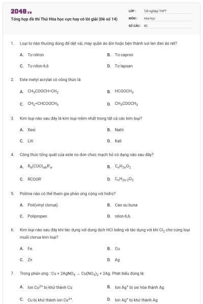 Tổng hợp đề thi Thử Hóa học cực hay có lời giải (Đề số 14)