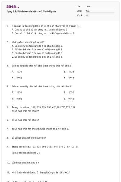 Dạng 2.1: Dấu hiệu chia hết cho 2,5 có đáp án