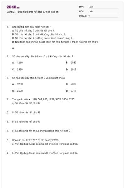 Dạng 3.1: Dấu hiệu chia hết cho 3, 9 có đáp án