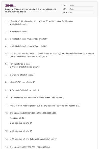 Dạng 3.4: Viết các số chia hết cho 3, 9 từ các số hoặc chữ số cho trước có đáp án