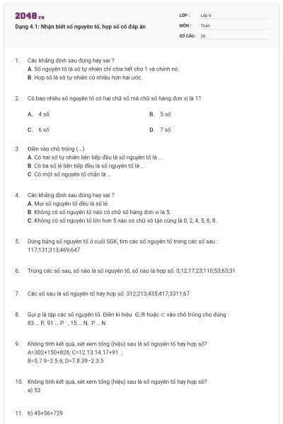 Dạng 4.1: Nhận biết số nguyên tố, hợp số có đáp án