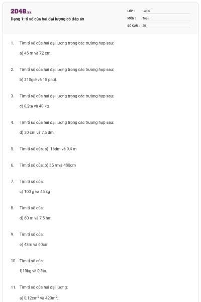 Dạng 1: tỉ số của hai đại lượng có đáp án