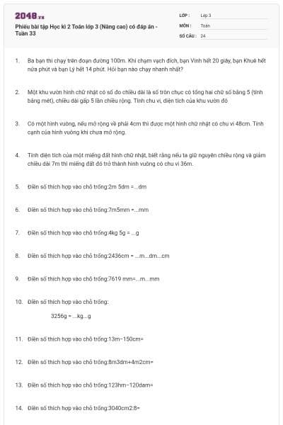 Phiếu bài tập Học kì 2 Toán lớp 3 (Nâng cao) có đáp án -Tuần 33