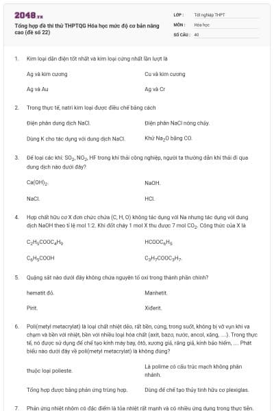 Tổng hợp đề thi thử THPTQG Hóa học mức độ cơ bản nâng cao (đề số 22)
