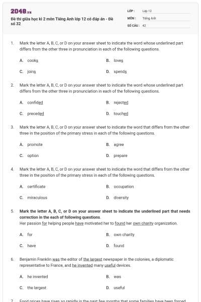 Đề thi giữa học kì 2 môn Tiếng Anh lớp 12 có đáp án - Đề số 32