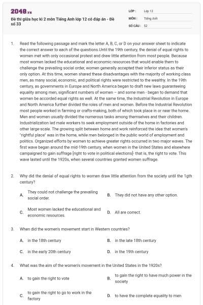 Đề thi giữa học kì 2 môn Tiếng Anh lớp 12 có đáp án - Đề số 33