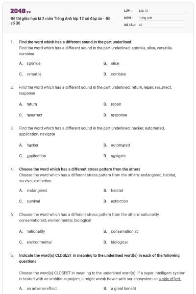 Đề thi giữa học kì 2 môn Tiếng Anh lớp 12 có đáp án - Đề số 36