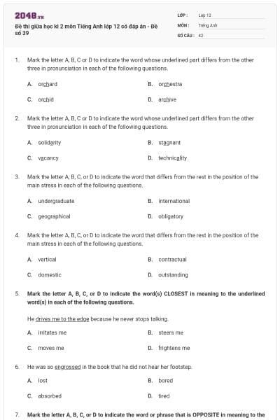 Đề thi giữa học kì 2 môn Tiếng Anh lớp 12 có đáp án - Đề số 39