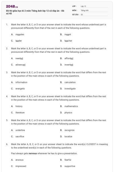 Đề thi giữa học kì 2 môn Tiếng Anh lớp 12 có đáp án - Đề số 40
