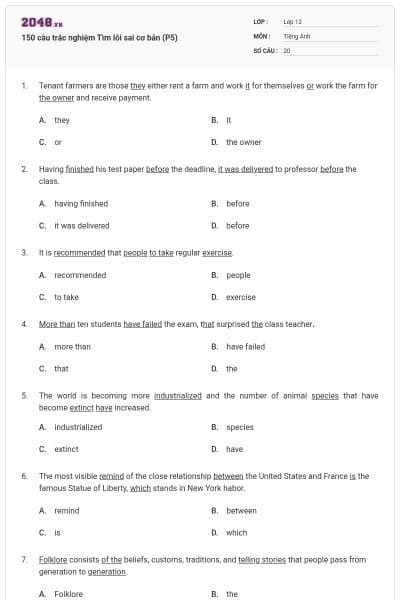 150 câu trắc nghiệm Tìm lỗi sai cơ bản (P5)