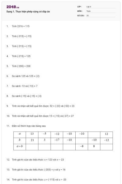 Dạng 1. Thực hiện phép cộng có đáp án