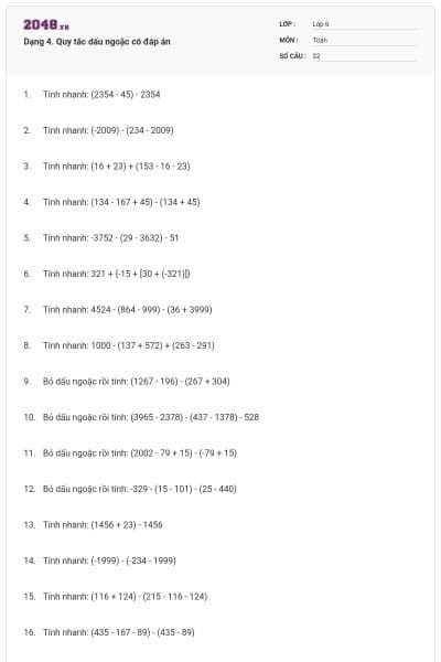 Dạng 4. Quy tắc dấu ngoặc có đáp án