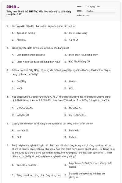 Tổng hợp đề thi thử THPTQG Hóa học mức độ cơ bản nâng cao (đề số 22)