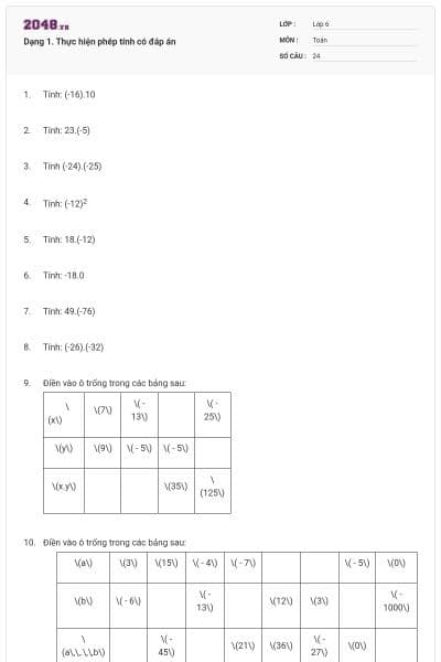 Dạng 1. Thực hiện phép tính có đáp án