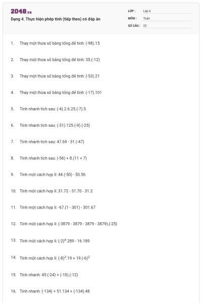 Dạng 4. Thực hiện phép tính (tiếp theo) có đáp án